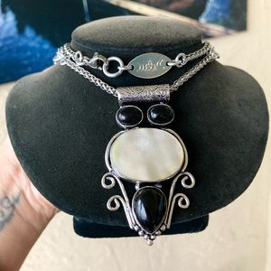 925 Sterling silver overlay black onyx & white mother of pearl gemstone necklace